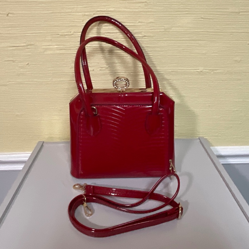 Red Patent Leather Handbag,  W/ Quilted Sides, Top Handle & Shoulder Strap